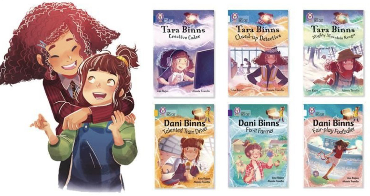 Dani Binns character illustration alongside six Tara Binns and Dani Binns book covers