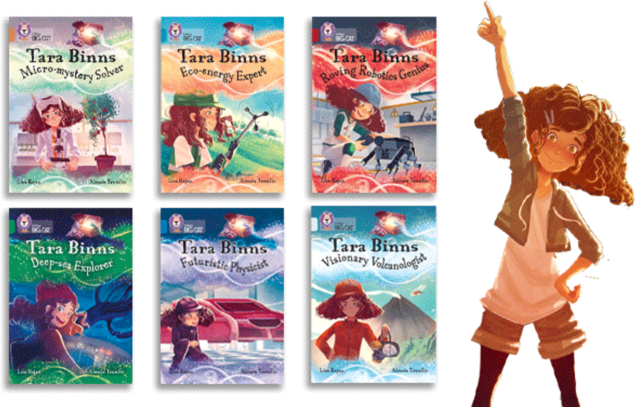 Tara Binns character illustration alongside six Tara Binns and Dani Binns book covers