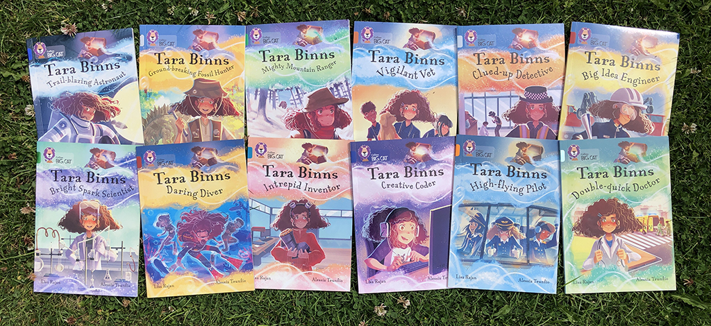 Twelve Tara Binns book covers laid out on grass